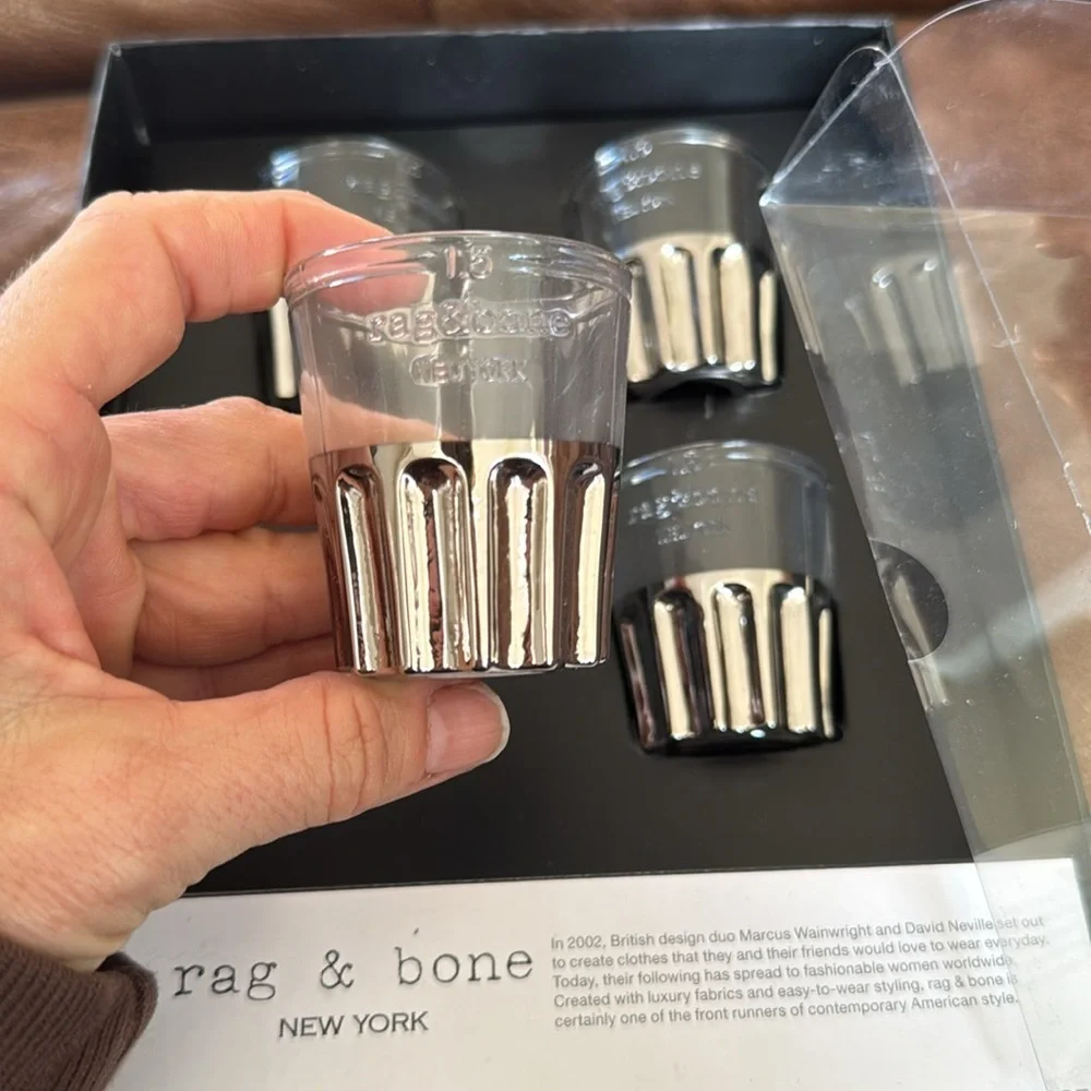 Rag & Bone - 4 Shot Glasses - NIB silver accents